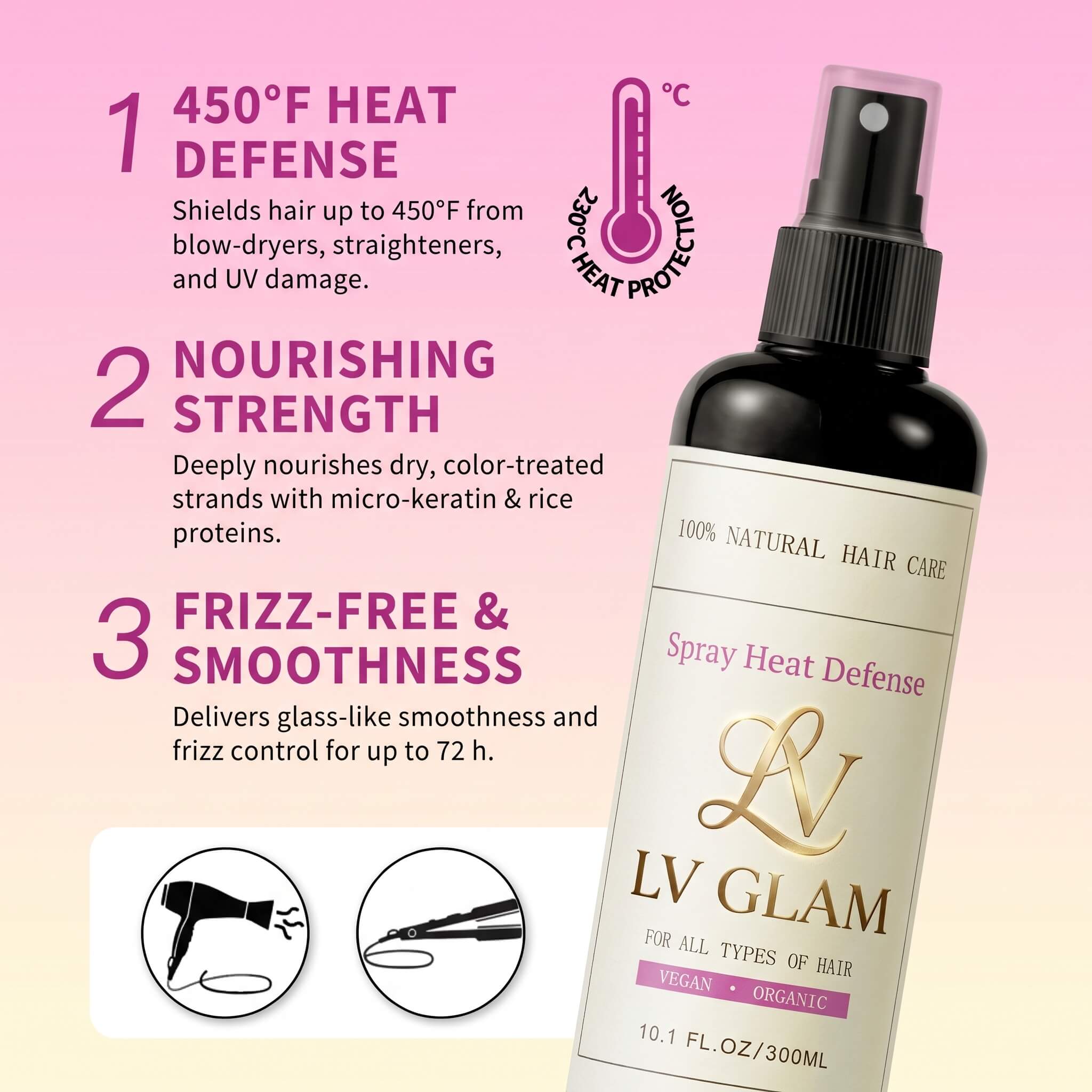 LV GLAM™ Spray Heat Defense | Natural Heat Protectant & Frizz Control Spray